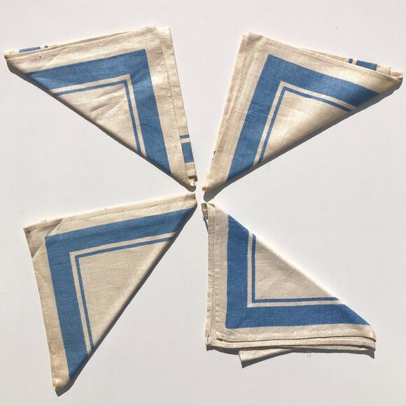 vintage Linen Napkins Cream with Blue Border 1950's set of 4 AS IS with stains - Picture 1 of 13